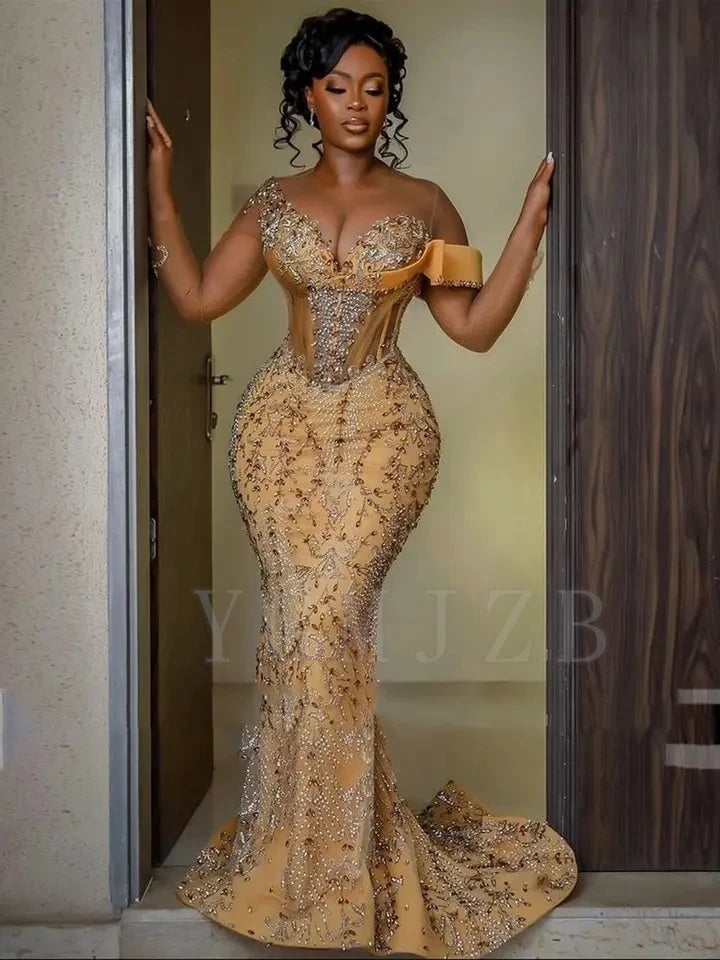 Aso Ebi Gold Prom Dresses 2025 Luxury Beads Lace Off Shoulder African Wedding Party Gala Birthday Formal Evening Gown Customized