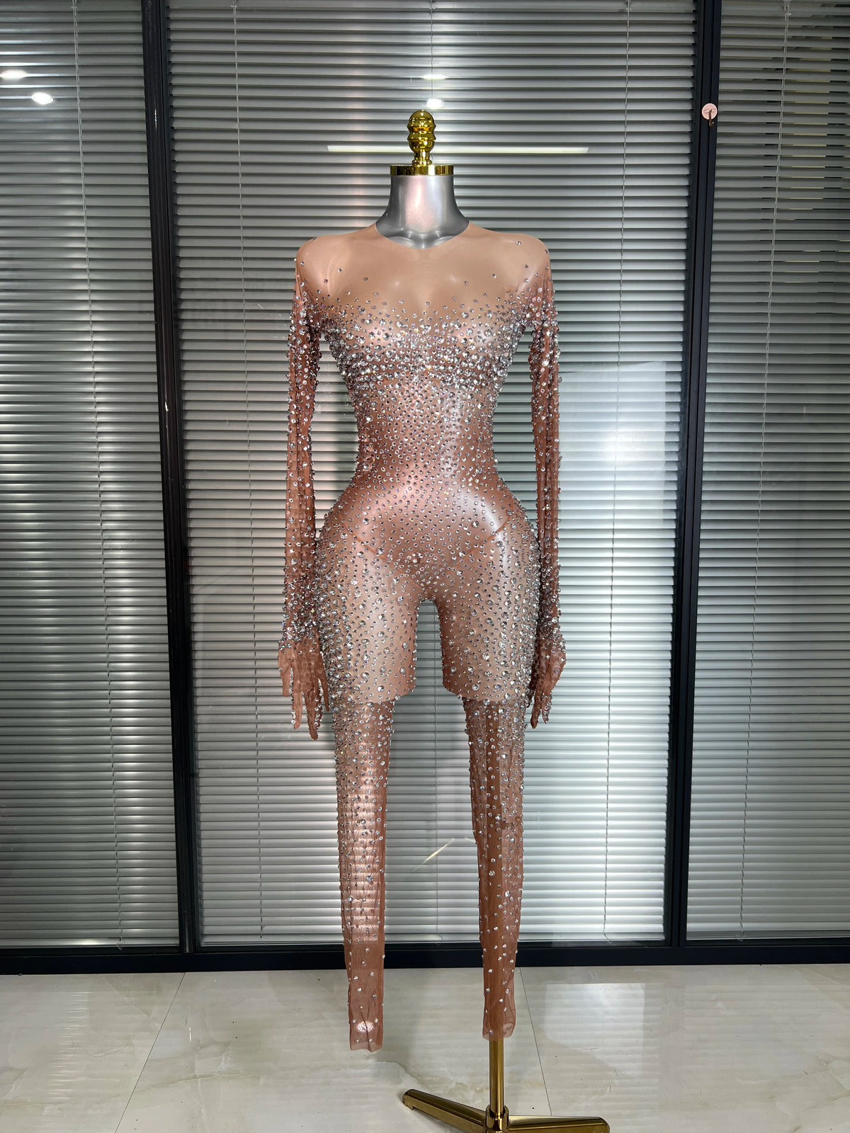 Women Sexy Crystal Sheer Blue Silver Skin Bodycon Jumpsuit Celebrity Designer Shinning Dancer Night Club Rompers Gloves