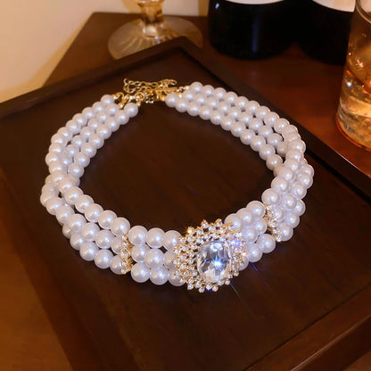 Crystal Rhinestone Oval Multi Layered Beaded Pearl Chokers Necklaces for Women Charms Temperament Elegant Necklace Noble Jewelry