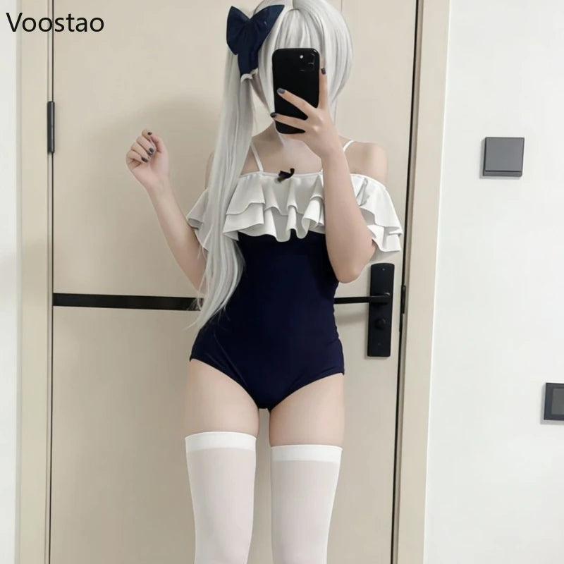 Japanese Harajuku Swimming Jumpsuits Girls Ruffles Sleeveless Straps Swimsuit Women Sexy Cosplay Bodysuit Hottie Tights Rompers