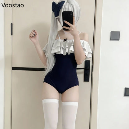Japanese Harajuku Swimming Jumpsuits Girls Ruffles Sleeveless Straps Swimsuit Women Sexy Cosplay Bodysuit Hottie Tights Rompers