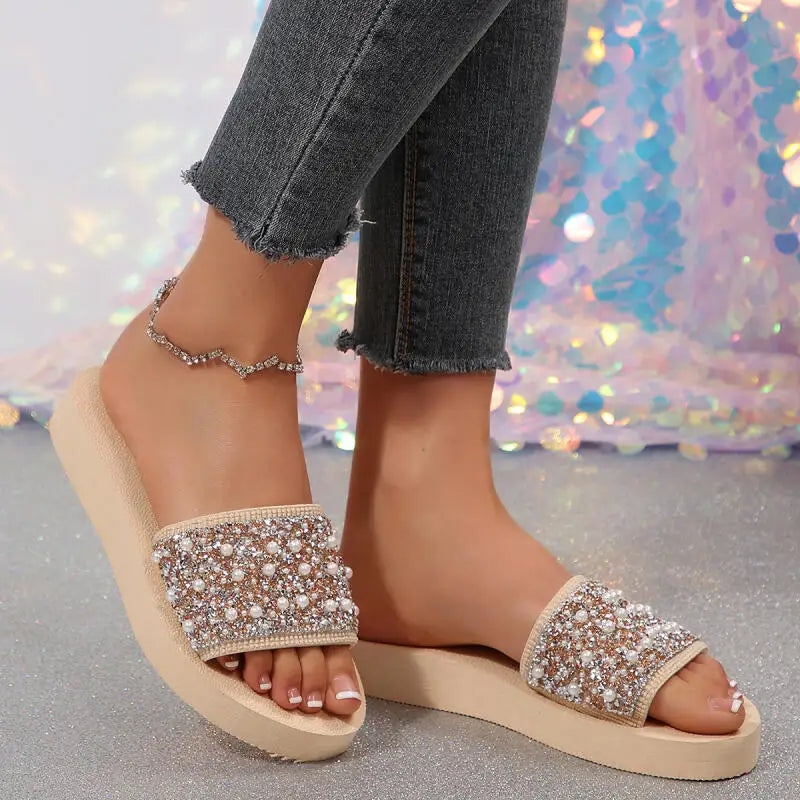 Luxury Rhinestore Platform Wedge Heel Sandals Women Summer 2026 Lightweight Non Slip Slippers Lady's Elegant Pearl Beach Shoes
