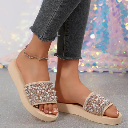 Luxury Rhinestore Platform Wedge Heel Sandals Women Summer 2026 Lightweight Non Slip Slippers Lady's Elegant Pearl Beach Shoes