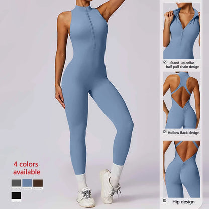 Sport Jumpsuits Women Zipper Fitness Overalls Sexy Backless Gym Bodysuits Scrunch One Piece Suit Workout Clothes Tracksuits