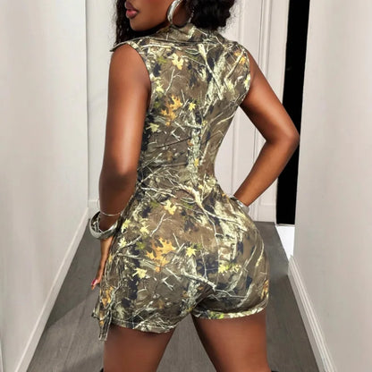 D9756 European and American Women's Fashion sexy Deep V-Neck Camouflage Printed Shorts Short Sleeved Jumpsuit