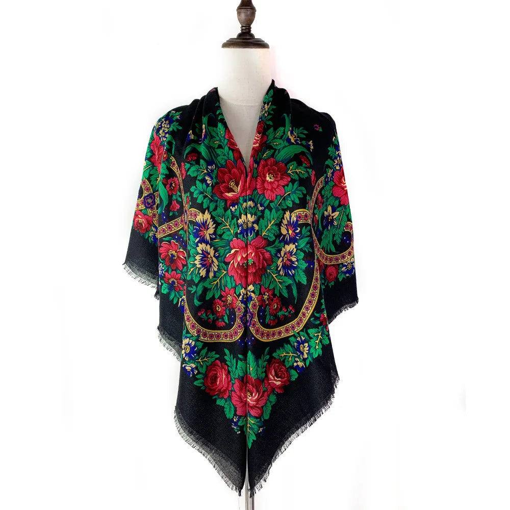 130×130cm Women's Shawl Scarves Thin Luxury Russian National Square Scarf Floral Print Breathable Ethnic Shawl Bandana Summer
