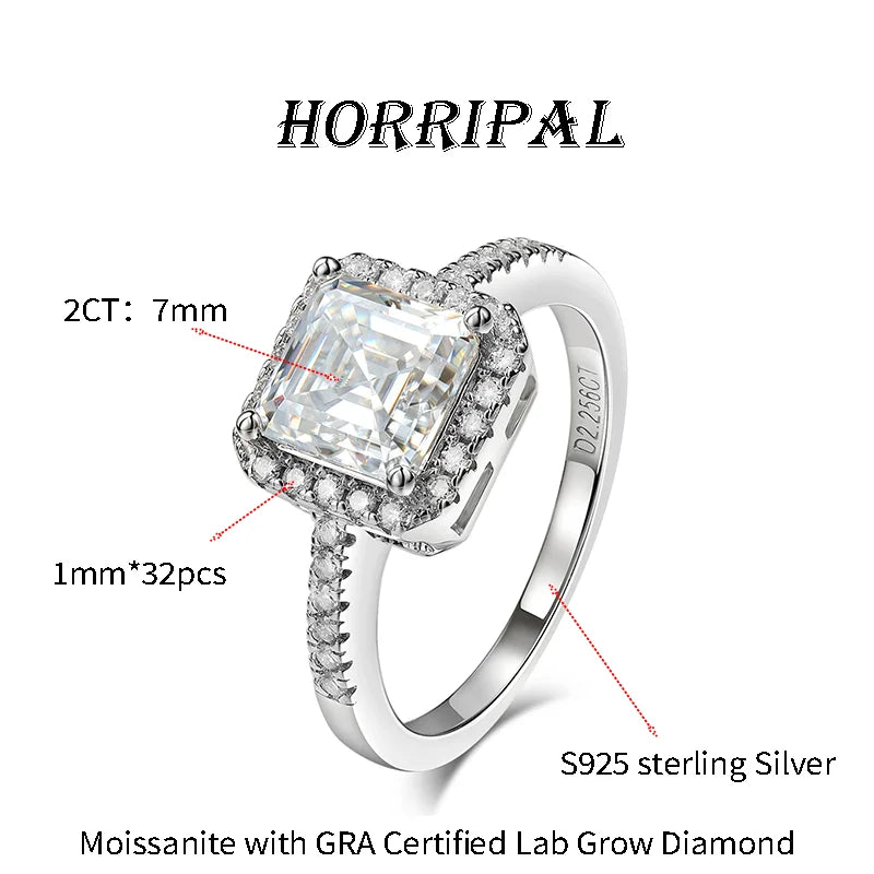 HORRIPAL High Quality Ascher Cut Moissanite Ring for Women 925 Sterling Silver GRA Wedding Engagement Shiny Classic Fine Jewelry