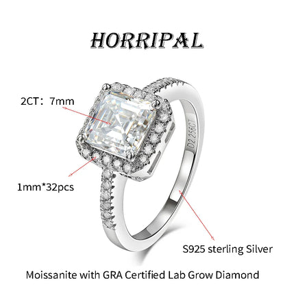 HORRIPAL High Quality Ascher Cut Moissanite Ring for Women 925 Sterling Silver GRA Wedding Engagement Shiny Classic Fine Jewelry