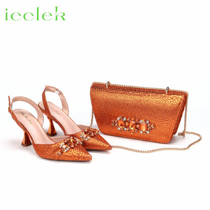 2025 New Elegant Nigerian Women’s Wine Color Heeled Shoes and Rhinestone Handbag Set Italian Design for Parties and Weddings