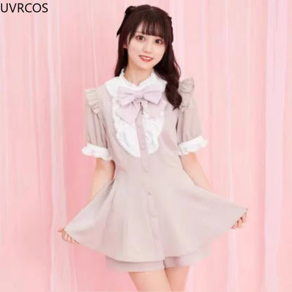 Japanese Style Gothic Y2k Lolita Plaid Rhinestone Bow Dress Shorts Set Sweet Women Puff Short Sleeve Button Shirt Party Dresses