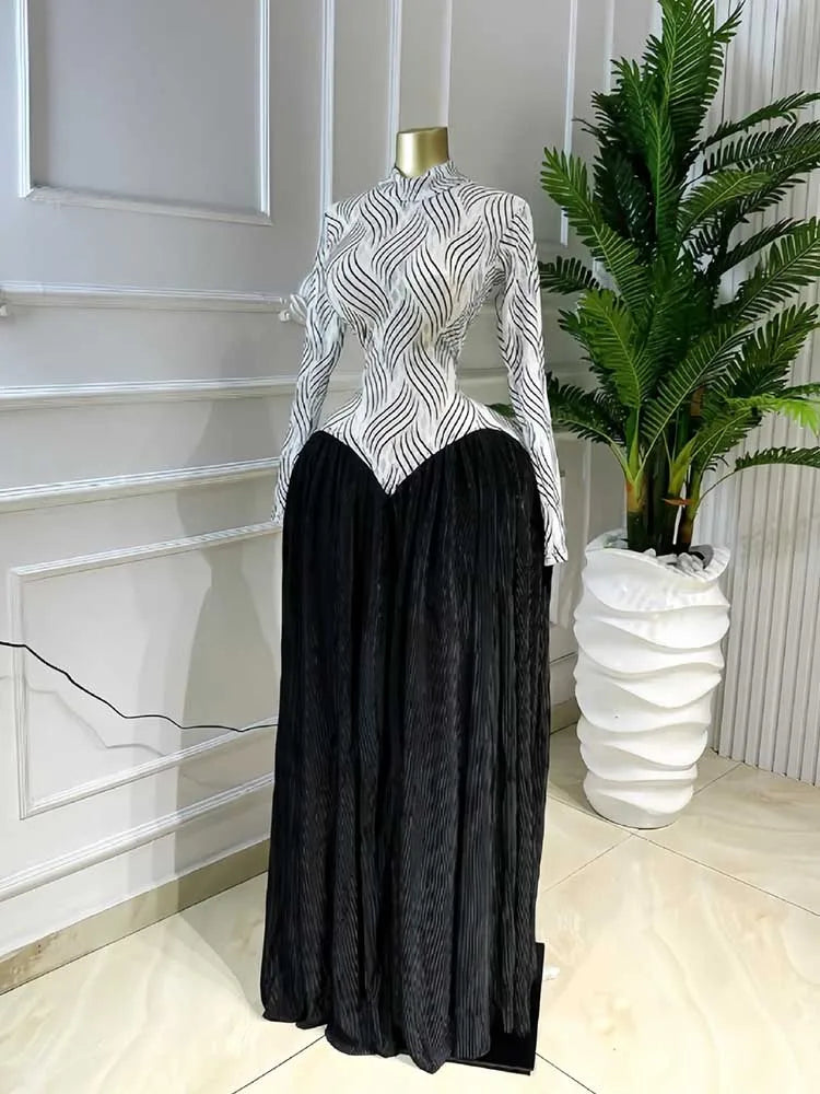 Female Clothing Spring Elegant and Chic Dress Patchwork Transparent Mesh Long Sleeve Pleated Maxi Dress High Waist