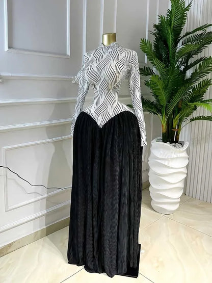 Female Clothing Spring Elegant and Chic Dress Patchwork Transparent Mesh Long Sleeve Pleated Maxi Dress High Waist