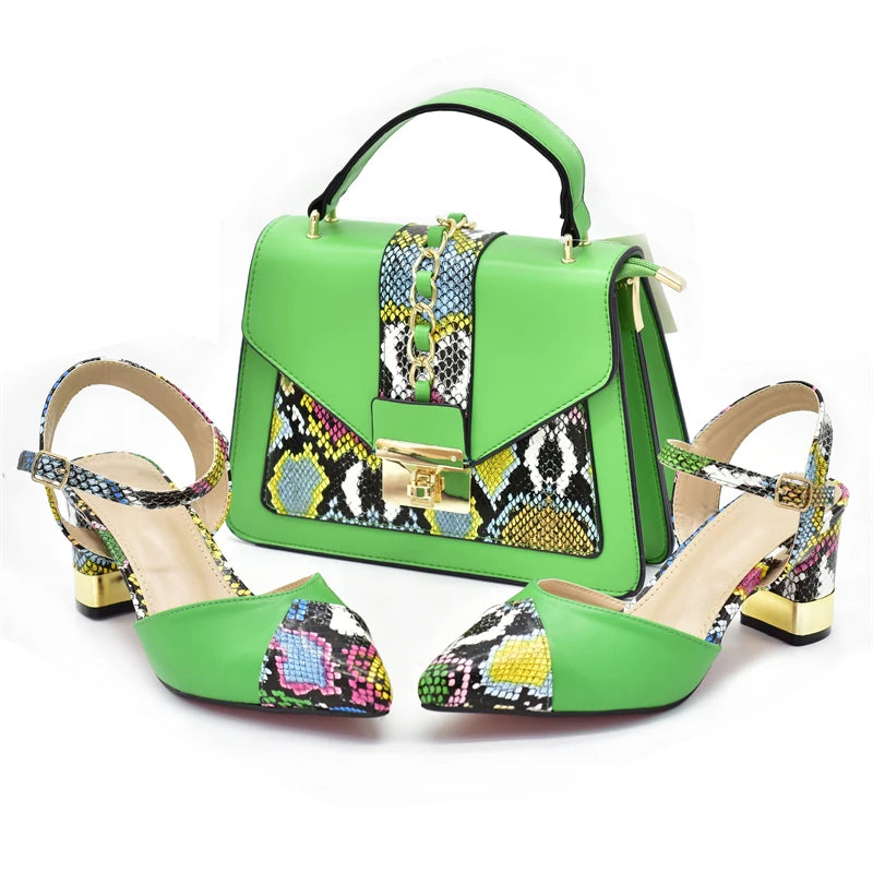New Design Italian Shoe and Bag Set for Party In Women Ladies Shoes and Sandals Snake Print Heels Wedding Shoes for Women Bride