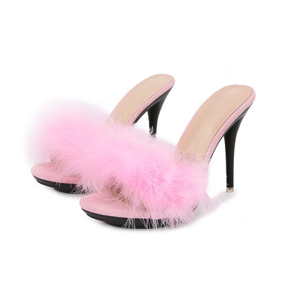 10CM Thin High Heel Summer Furry Slippers For Ladies Mules Fashion Fluffy Fur Slides Sandals 2025 New Brand Women's Party Shoes