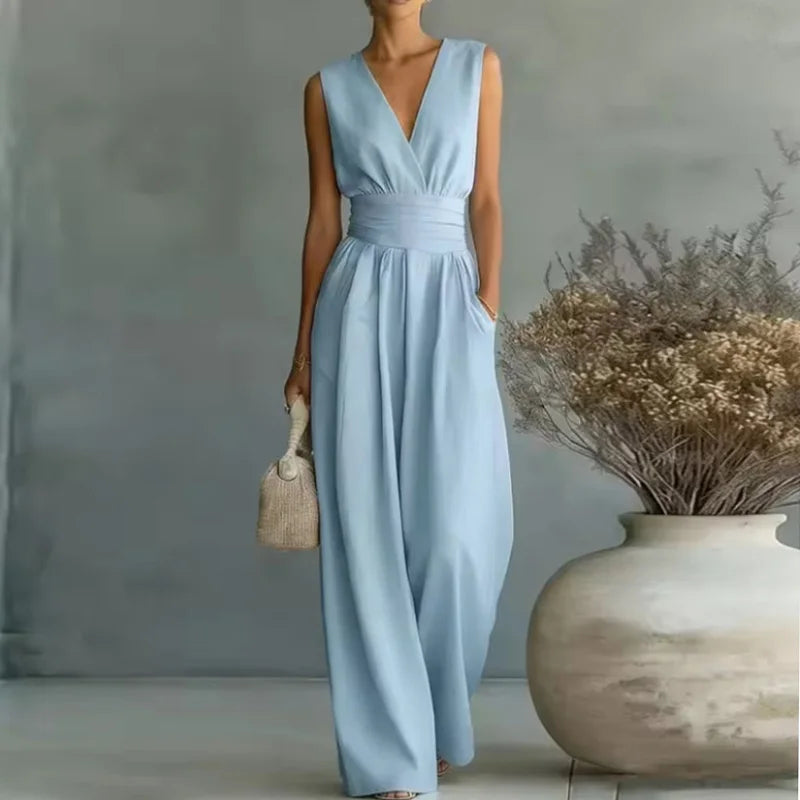 2026 Deep V Neck Women's Jumpsuits Elegant Sleeveless Solid High Waist Rompers Casual Wide Leg Pants Overalls Vacation Outfit