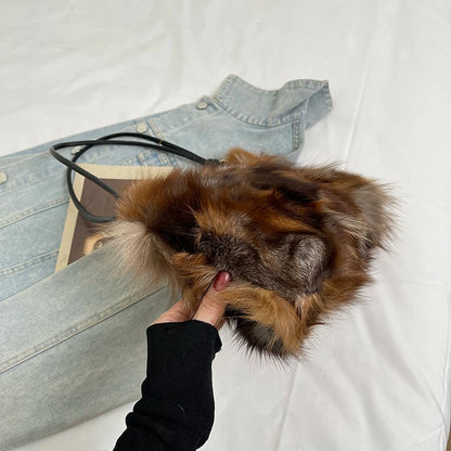 Winter Warm Fox Fur Shoulder Hobo Bags For Women Latest Luxury Designer Purses And Handbags Elegant Evening Bag For Dinner Party