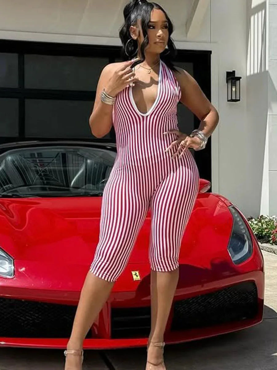 Weird Puss Stripe Print Playsuit Women Sleeveless Backless Halter Bandage Skinny Sexy Clubwear Activity Fitness Workout Romper