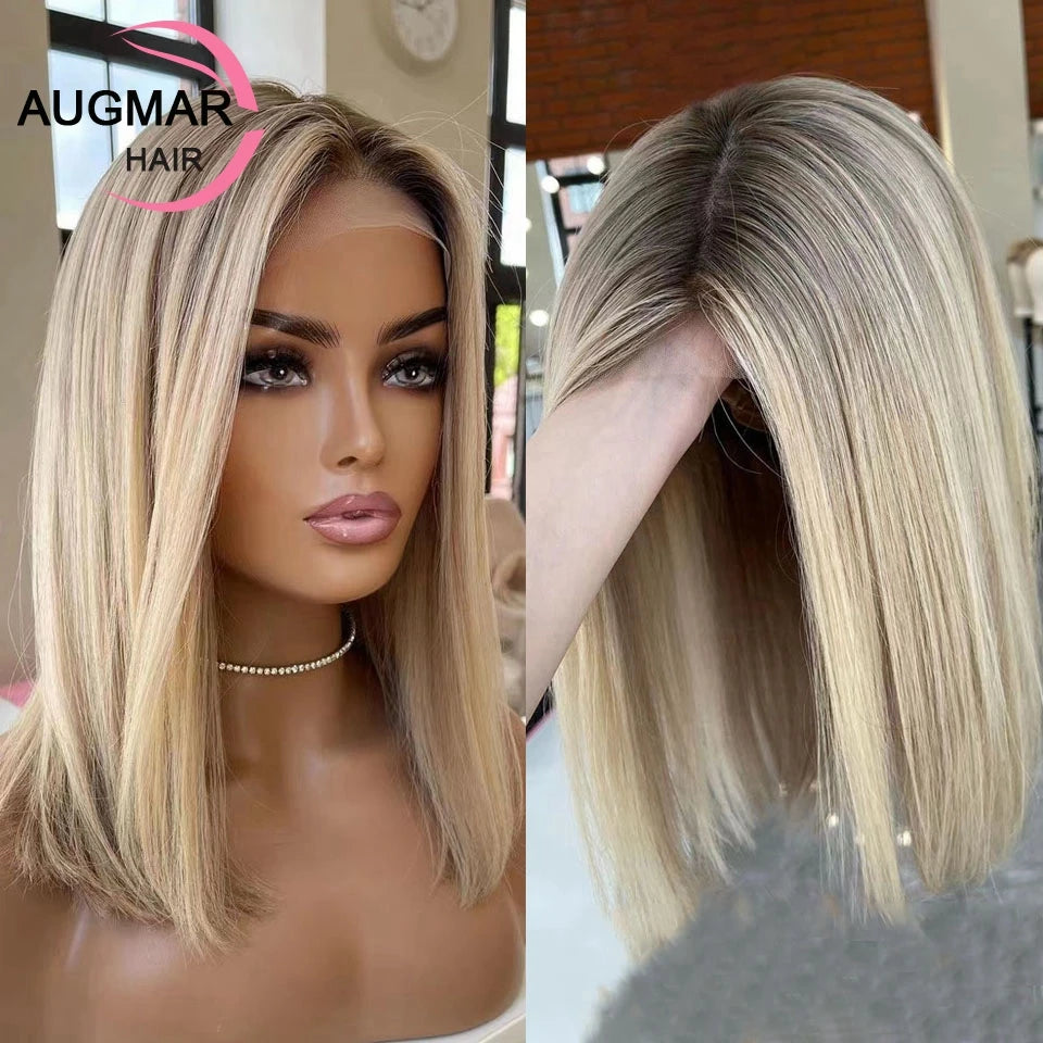 Ash Blonde 360 Lace Front Wig Brown Highlight Bob Wig Human Hair 13x6 HD Lace Frontal Wig Straight Lace Front Human Hair Wig