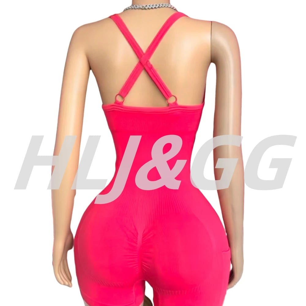 HLJ&GG Women Bodysuits Stretch Sporty One Piece Rompers Women Sleeveless Backless Slim Jumpsuits Summer New Solid Yoga Overalls