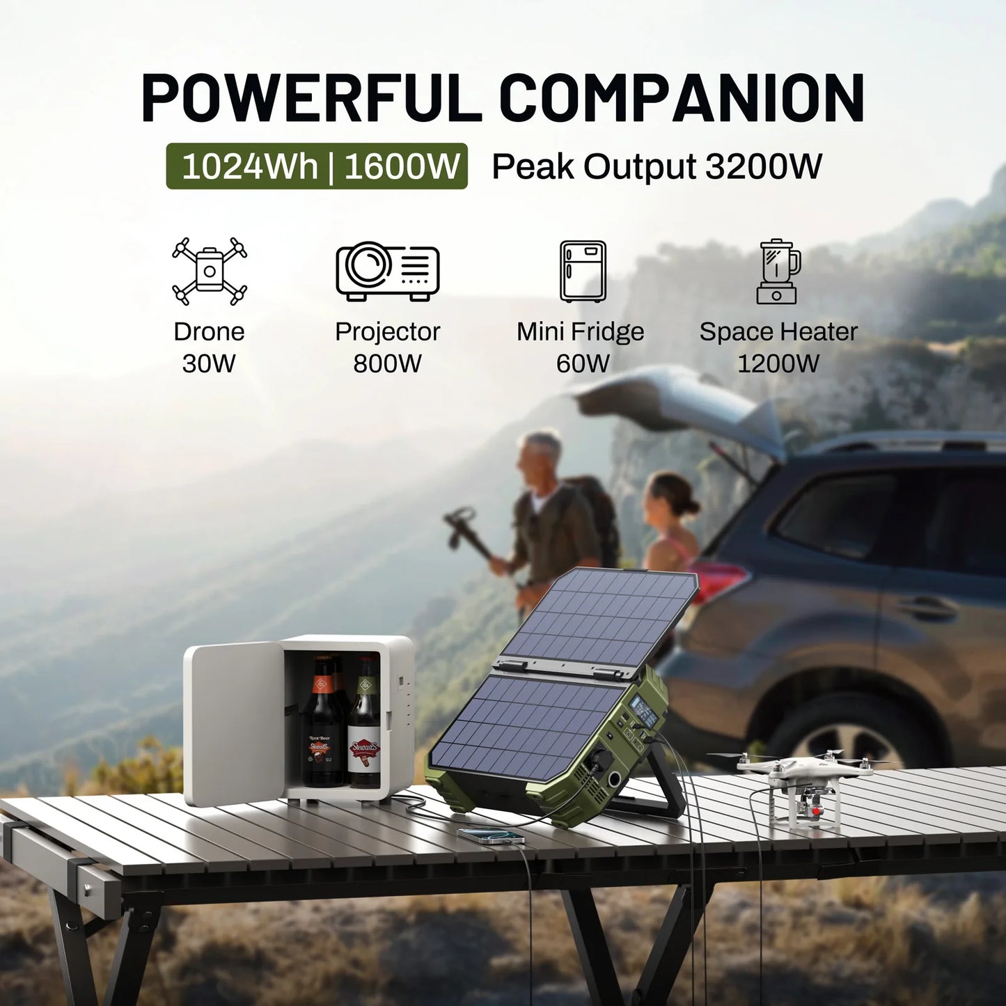 Portable Power Station With Solar Panel 1024Wh 1600W LiFePO4 Battery For Home Backup Outdoors Camping RV Solar Generator
