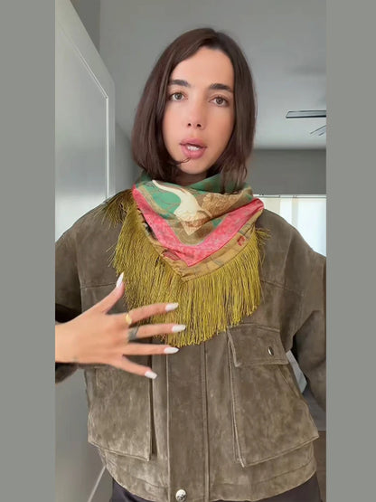 Tassel Floral Women ’s Scarf Large Square Silky Satin Scarf With Olive Fringe Trim Scarf Female 2026 Spring Woman Accessory