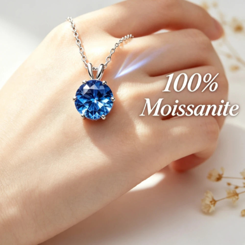Blue women's moissanite necklace, simple luxury, classic six claw pendant, collarbone chain accessory, hot selling item