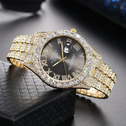 Luxury Gold Iced Out Rhinestone Quartz Wristwatch Unisex Sparkling Diamond Calendar Daily Wear Watch