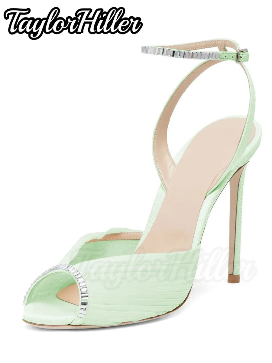 Bridal Crystal Air Mesh Heeled Sandals White Shallow Stiletto Women High Heels Elegant Luxury Designer Peep Toe Shallow Shoes