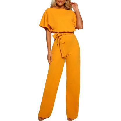Women's clothing summer 2024 Jumpsuit, Elegant Short Sleeve Hollowed Waist Tie Solid Summer Wide Leg Pants