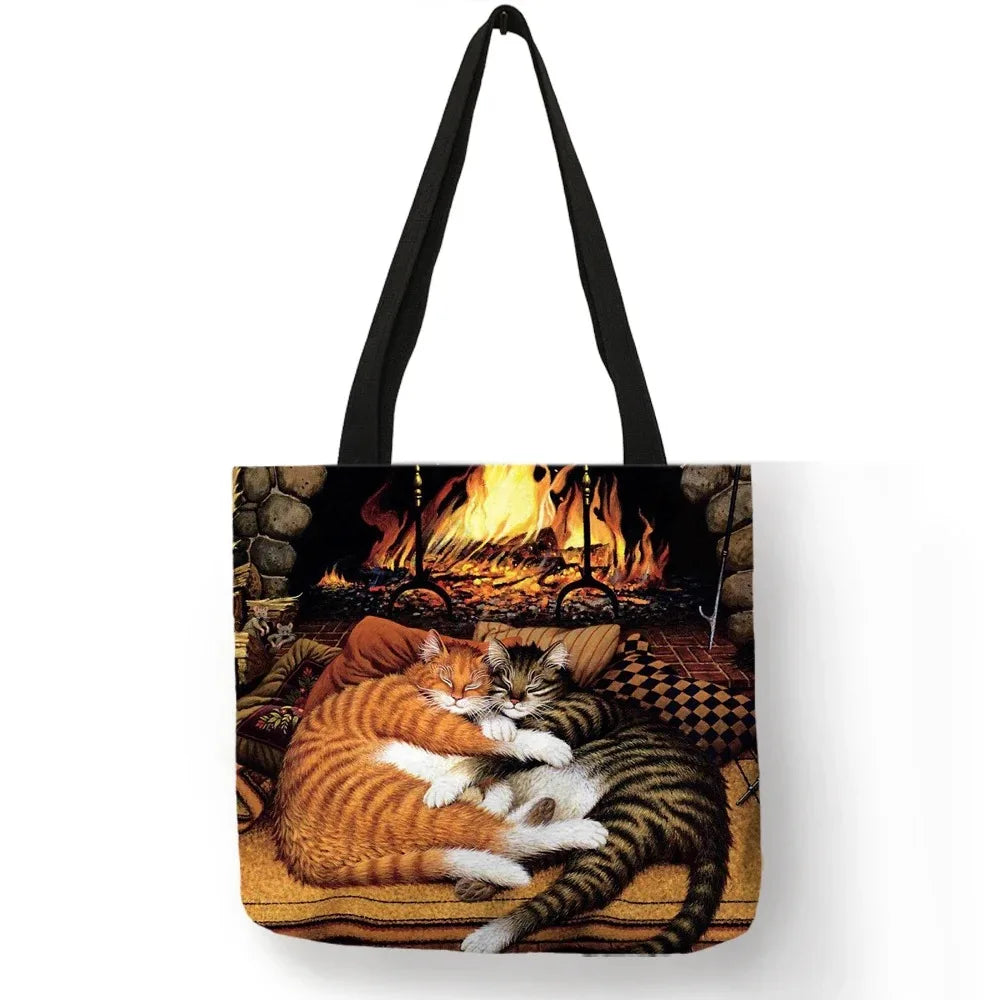 Oil Painting Cat Print Womens Designer Tote Bags Linen Reusable Shopping Bag For Groceries Shoulder Bags for Lady