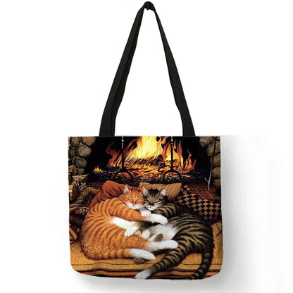 Oil Painting Cat Print Womens Designer Tote Bags Linen Reusable Shopping Bag For Groceries Shoulder Bags for Lady