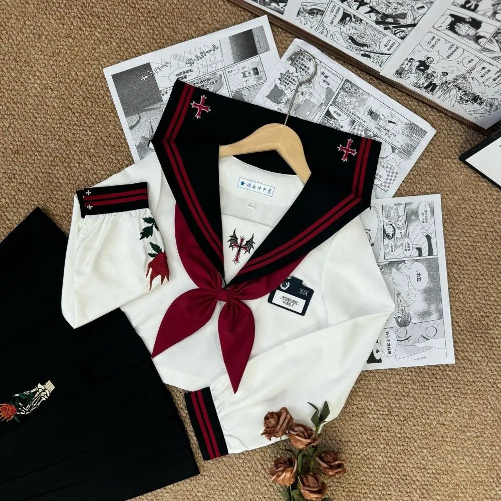 Dark Japanese Bad JK Uniform Long-sleeved Girl Orthodox Sailor Suit Role Play Handsome Long Skirt School Uniform Embroidery