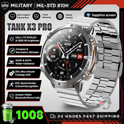 2026 New Military TANK X3 1000mAh Battery Smart Watch Men 10ATM Waterproof Swim GPS Path 1.75" AMOLED HD Call Sports Smartwatch