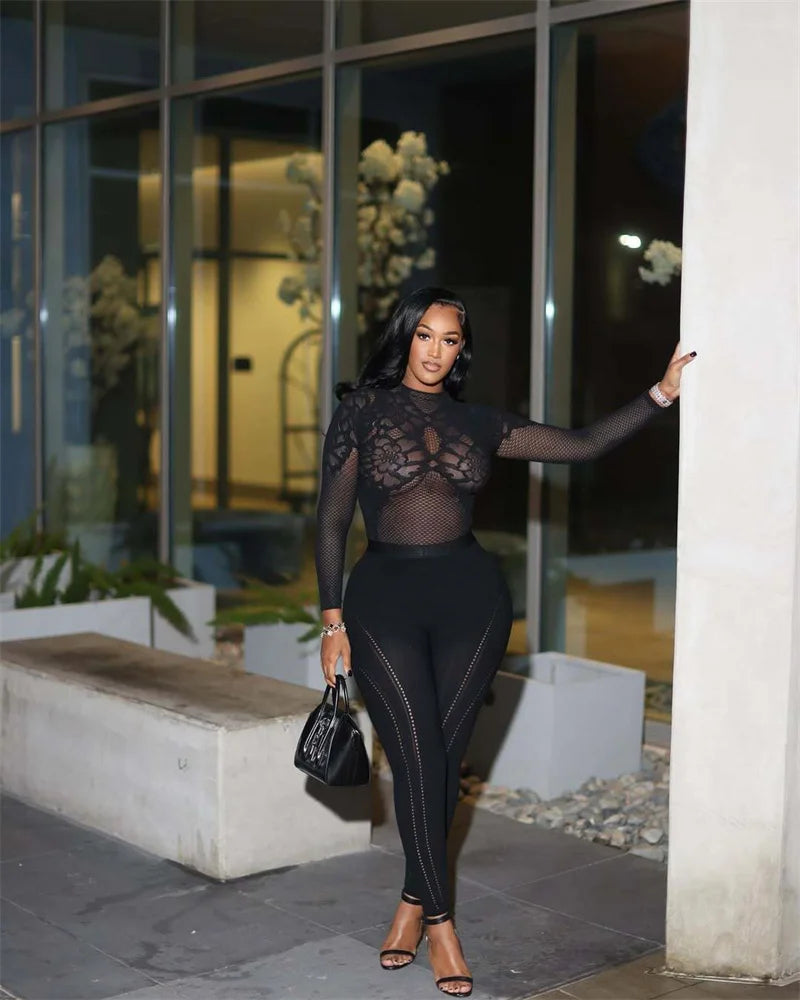 Doyerl Black Bodycon Rompers and Jumpsuits for Woman Long Sleeve See Through Mesh Patchwork Skinny One Piece Catsuit Overalls