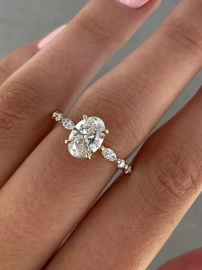 925 Sterling Silver Zircon Golden Oval Round Fashionable Ring For Women Engagement Wedding Luxury High Quality Fine Jewelry