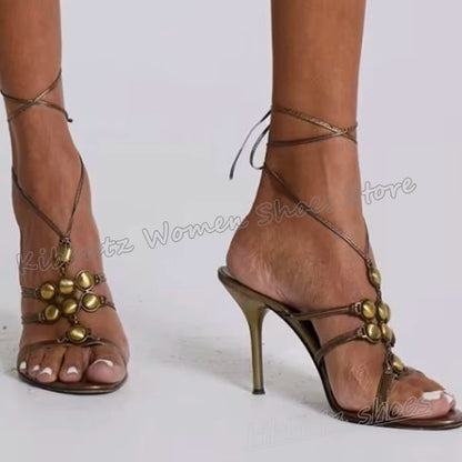 Rhinestone Sandals Lace-Up Crystal Round Toe Thin High Heels Leather Fashion Luxury Novelty Elegant Sexy Party Wedding Shoes New