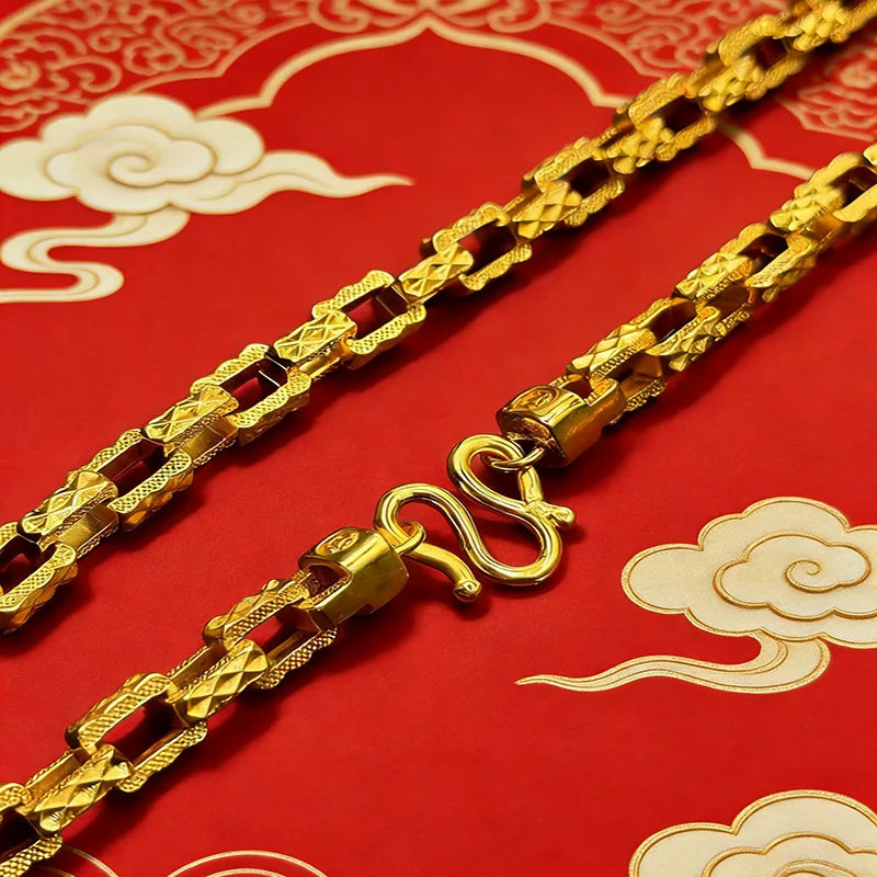 Luxury 9999 24K Solid gold fashionable starry Mika square knight chain jewelry single-row buckle men's necklace sweater chain