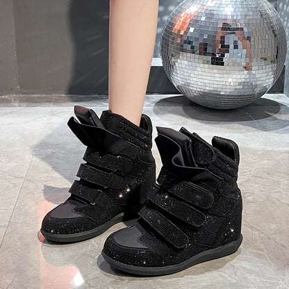 2026 Vintage Rivet Heightened Sneaker Wedge Velcro Casual Bright Diamond Booties