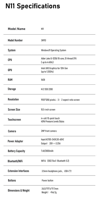 Zwide N11 Mini Laptop 10.5-inch Core i5-1235U Slim Business Office Portable Pocket Tablet PC