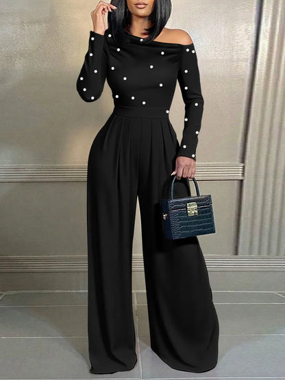 Fashion Beaded Slant-neck Women Jumpsuit Spring Autumn New Cinched Waist Wide Leg Long Pants Elegant Female Office Rompers 2026