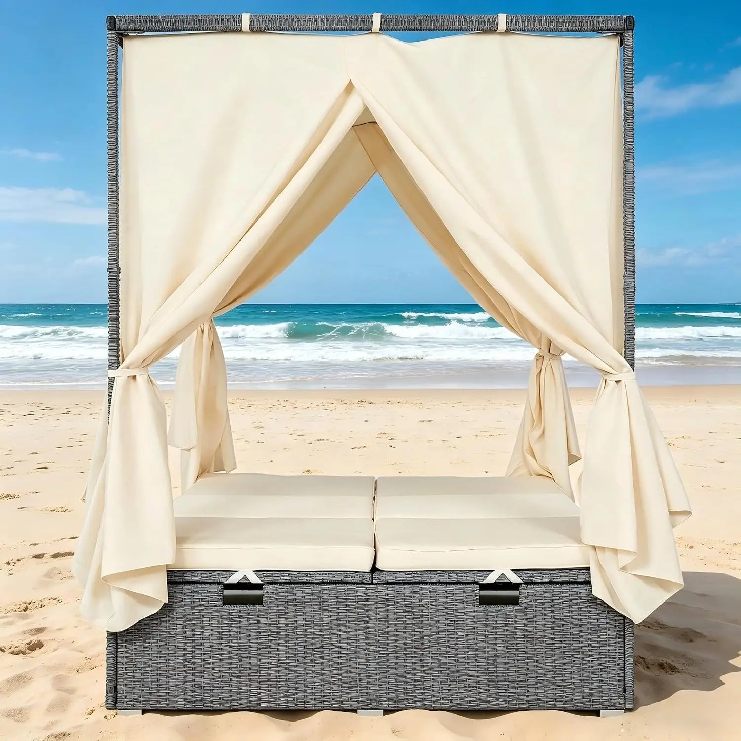 Patio Chaise Lounge, PE Rattan Outdoor Patio Wicker Sunbed Daybed with Adjustable Seats, Four-sided Canopy,, Customized