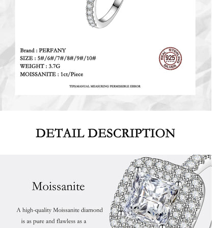 PERFANY 1CT Princess Square Cut Moissanite Ring Women S925 Pure Silver Laboratory Diamond Wedding Fashion Luxury Jewelry
