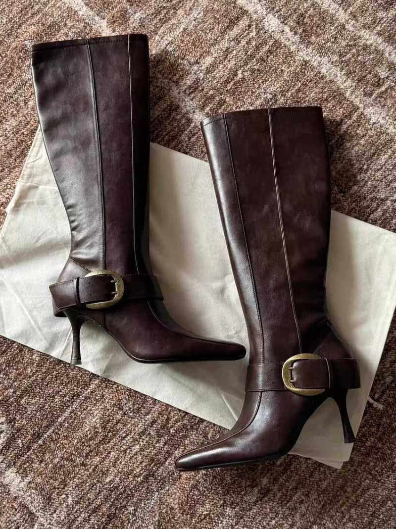 Winter Fashion Sexy Soft Leather Knee High Boots Women Metal Belt Buckle Ladies Zip Pointed Toe Designer Heels Long Shoes