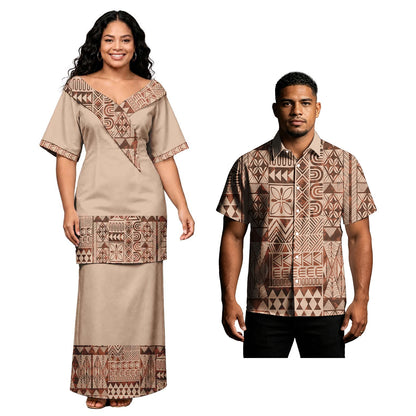 Holiday Party Hawaiian Tropical Pattern Couple Outfits Polynesian Men Button Shirts Women Tribal Design Church Samoan Puletasi
