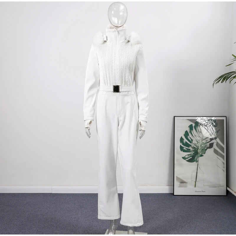 Women's Chic White Hooded Ski Jumpsuit with Waist Belt Warm Snowproof One-Piece Snow Wear Winter Sports Fashion Lady Snowsuit