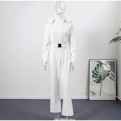 Women's Chic White Hooded Ski Jumpsuit with Waist Belt Warm Snowproof One-Piece Snow Wear Winter Sports Fashion Lady Snowsuit