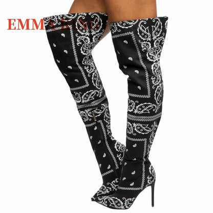 Autumn Winter Women Thigh High Boots Bandana Prints Bad Girl Heels Shoes Pointy Toe Silk Stiletto Botas Altas Mujer Size 35-44