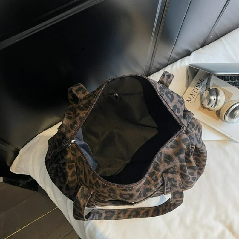 Trendy Leopard Print Canvas Shoulder Bag Large Capacity Fashion Tote Handle Bag for Daily Commute Versatile Texture Storage Bags