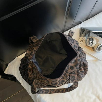 Trendy Leopard Print Canvas Shoulder Bag Large Capacity Fashion Tote Handle Bag for Daily Commute Versatile Texture Storage Bags
