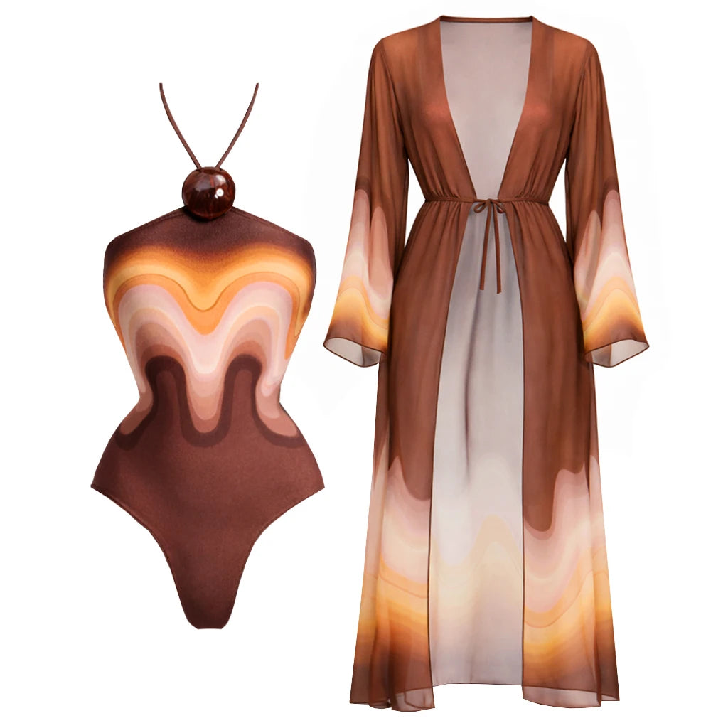 3Pcs Halter Swimsuit Sexy Women Bikini Push Up Swimwear Button Swimming Suits Female Long Skirt Cover Up Bathingsuit Beachwear